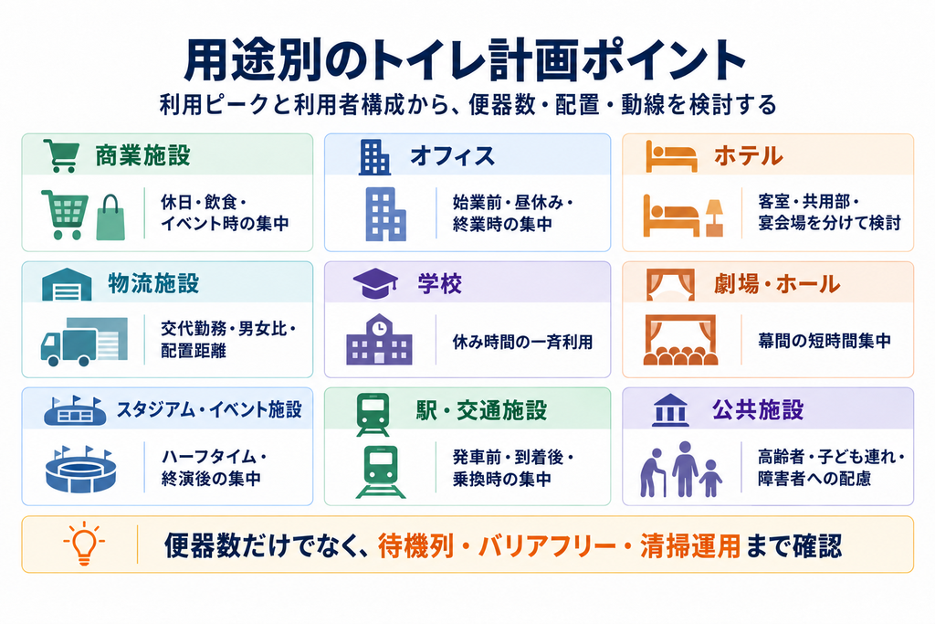 用途別のトイレ計画ポイント（商業施設・オフィス・ホテル・物流施設など9用途）