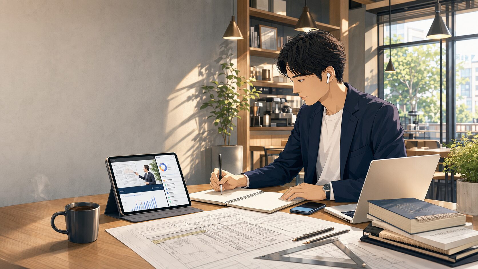 カフェでオンライン講座を活用して一級建築士試験を勉強する受験生